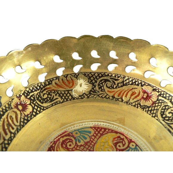 Dish Bowl Brass Pedestal Base Floral Cut Reticulated Laced border Hand Tooled - Picture 3 of 9